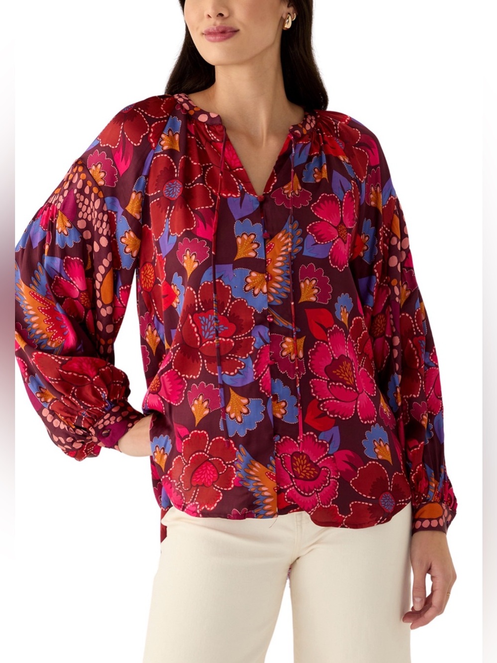 PHILOSOPHY By REPUBLIC Floral Tie-Neck Blouse in Magenta and Red - Women Tops